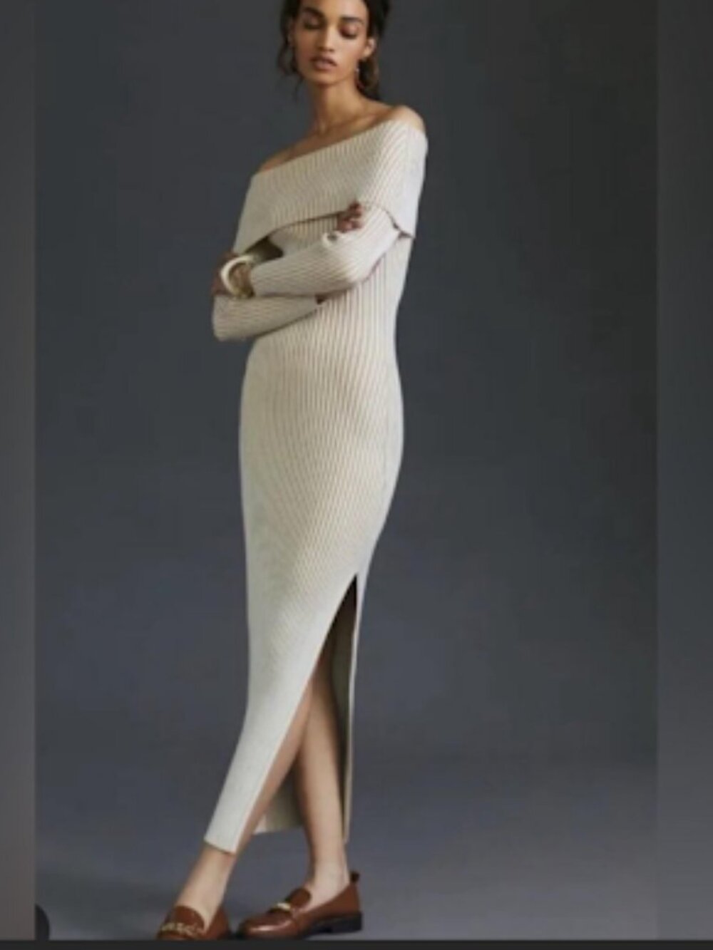 NWOT Anthropologie Ribbed Off Shoulder Beige Cream Stretch Bodycon Maxi Dress XS